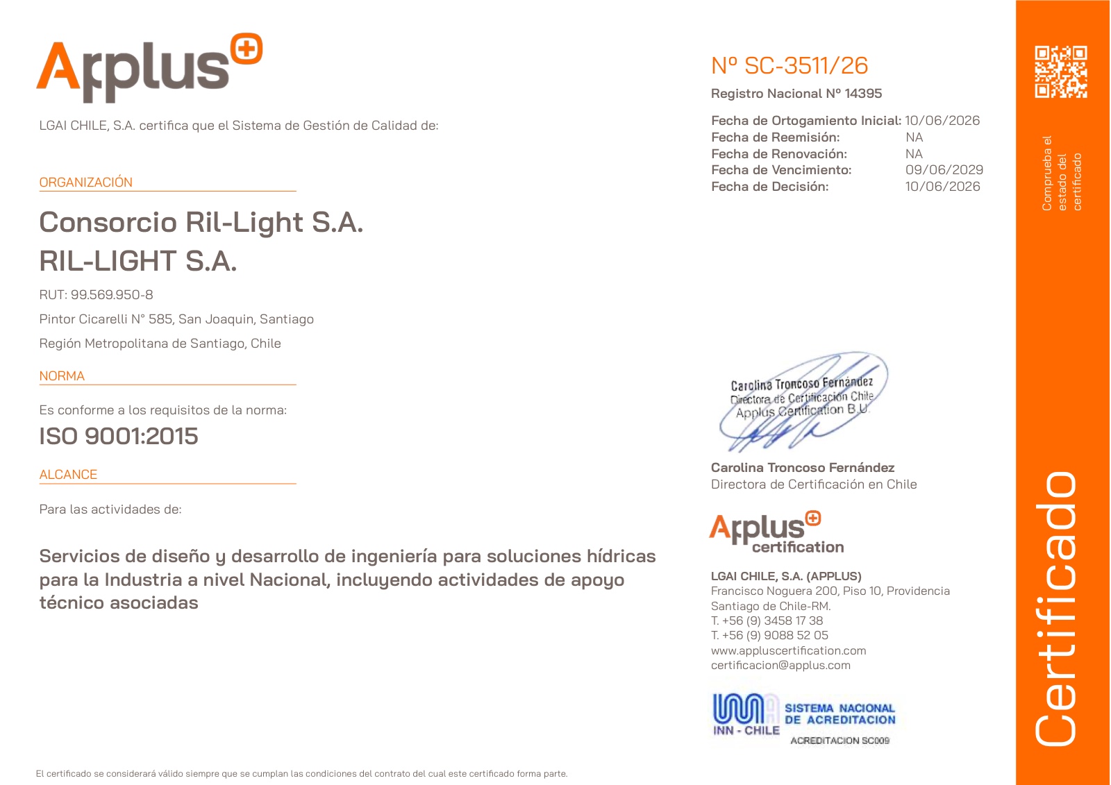 Certificado ISO 9001:2015 emitido por Applus a Consorcio Ril-Light S.A.